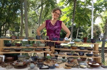 pottery on sale by Debra Griffin and demos by student Tonya at Ashland Farmers Market, Ashland MA